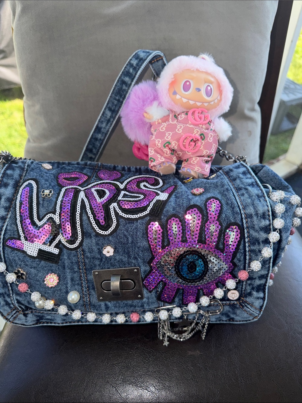 Denim Crossbody Bag with Purple Sequin Eye & Pink Doll Charm